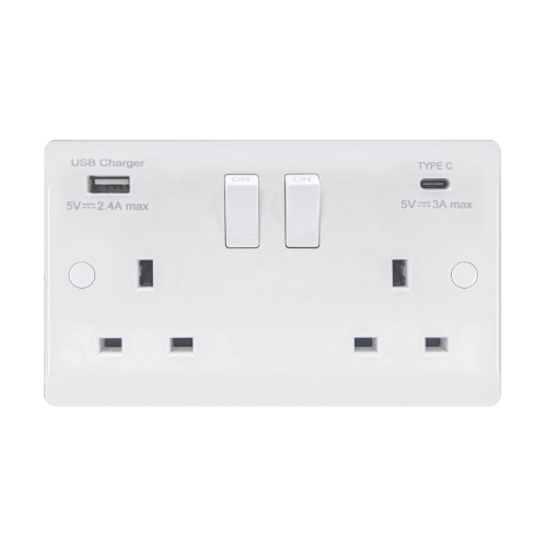 Zahler 13 Amp 2 Gang Switched Socket USB Type C / Type A 